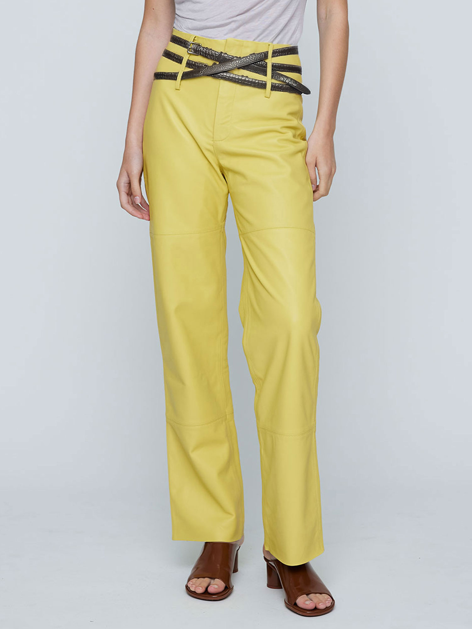 TRIPLE BELT ALLY LEATHER TROUSER - LEMON