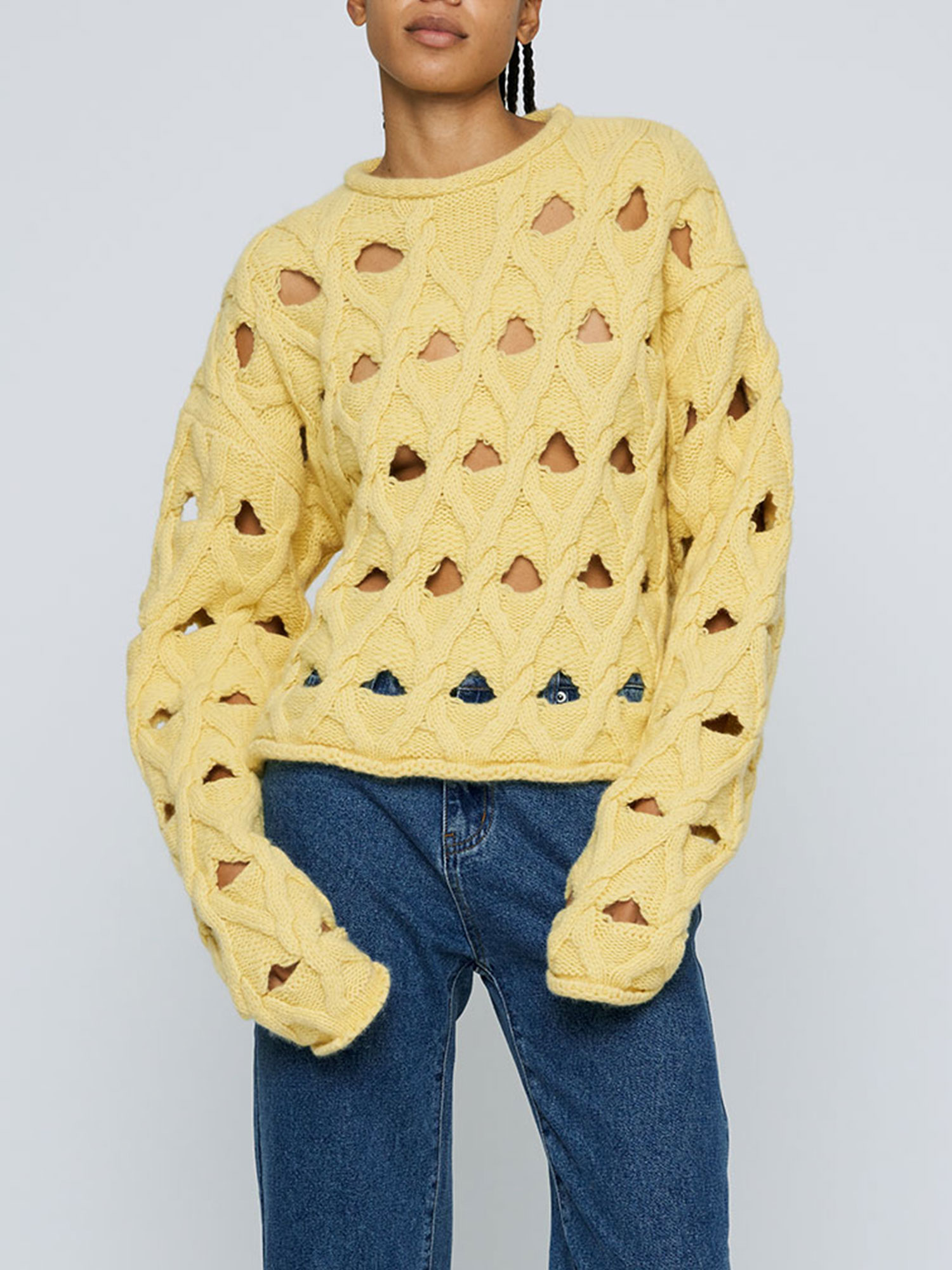 CABLE KNIT HOLEY SWEATER | LEMON