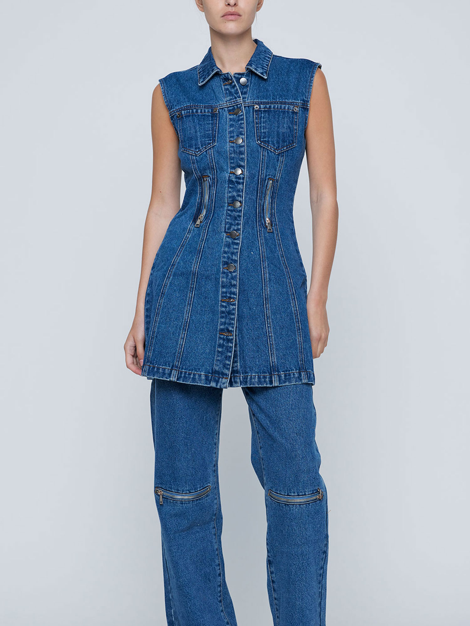 ZIPPER DENIM MINI DRESS - INDIGO