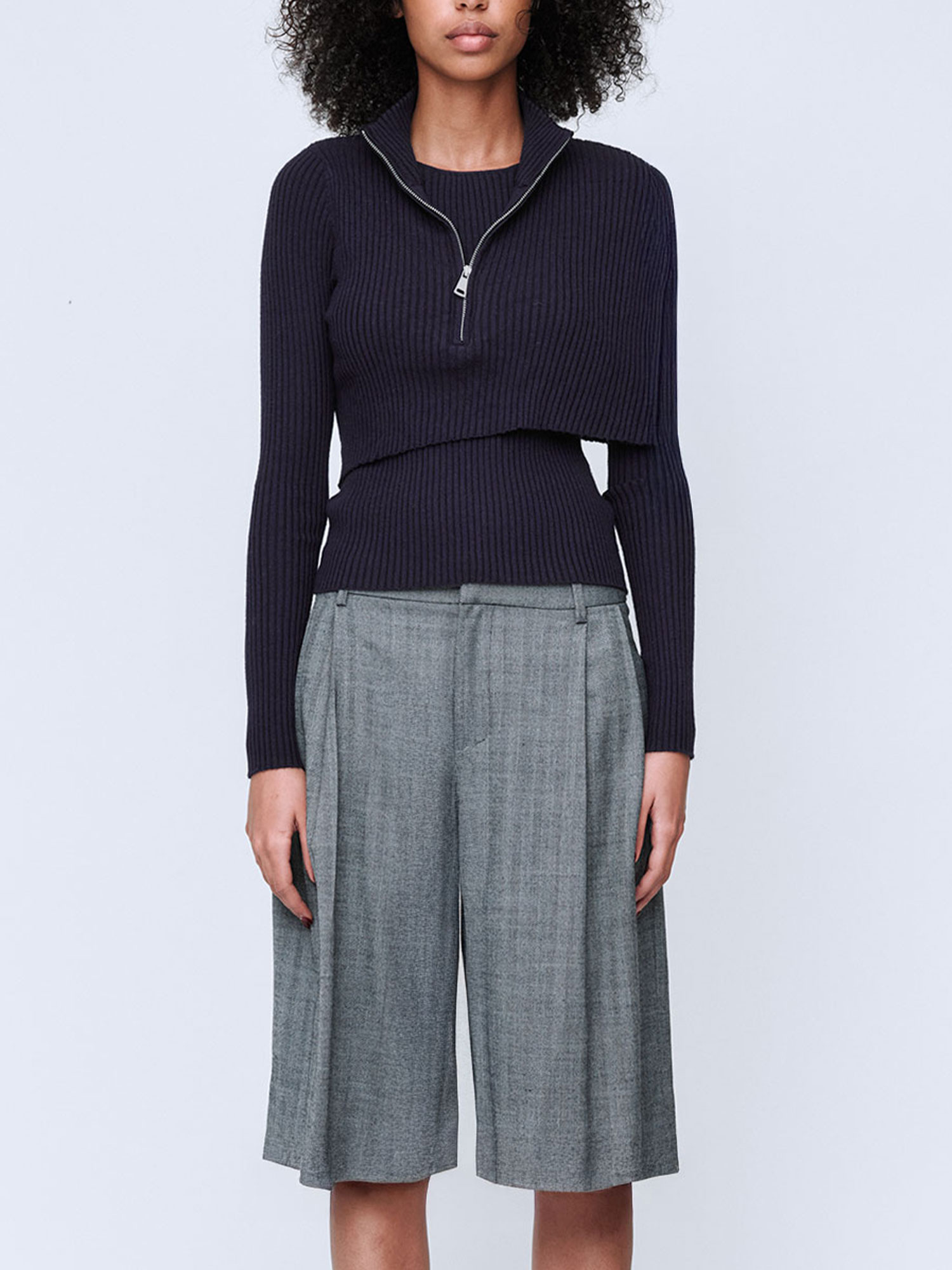 SHRUG RIB ZIP SWEATER | NAVY