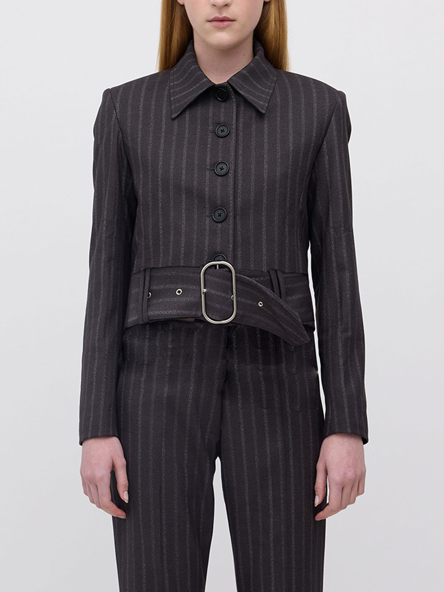 VERONICA BELT JACKET | CHARCOAL THIN STRIPE