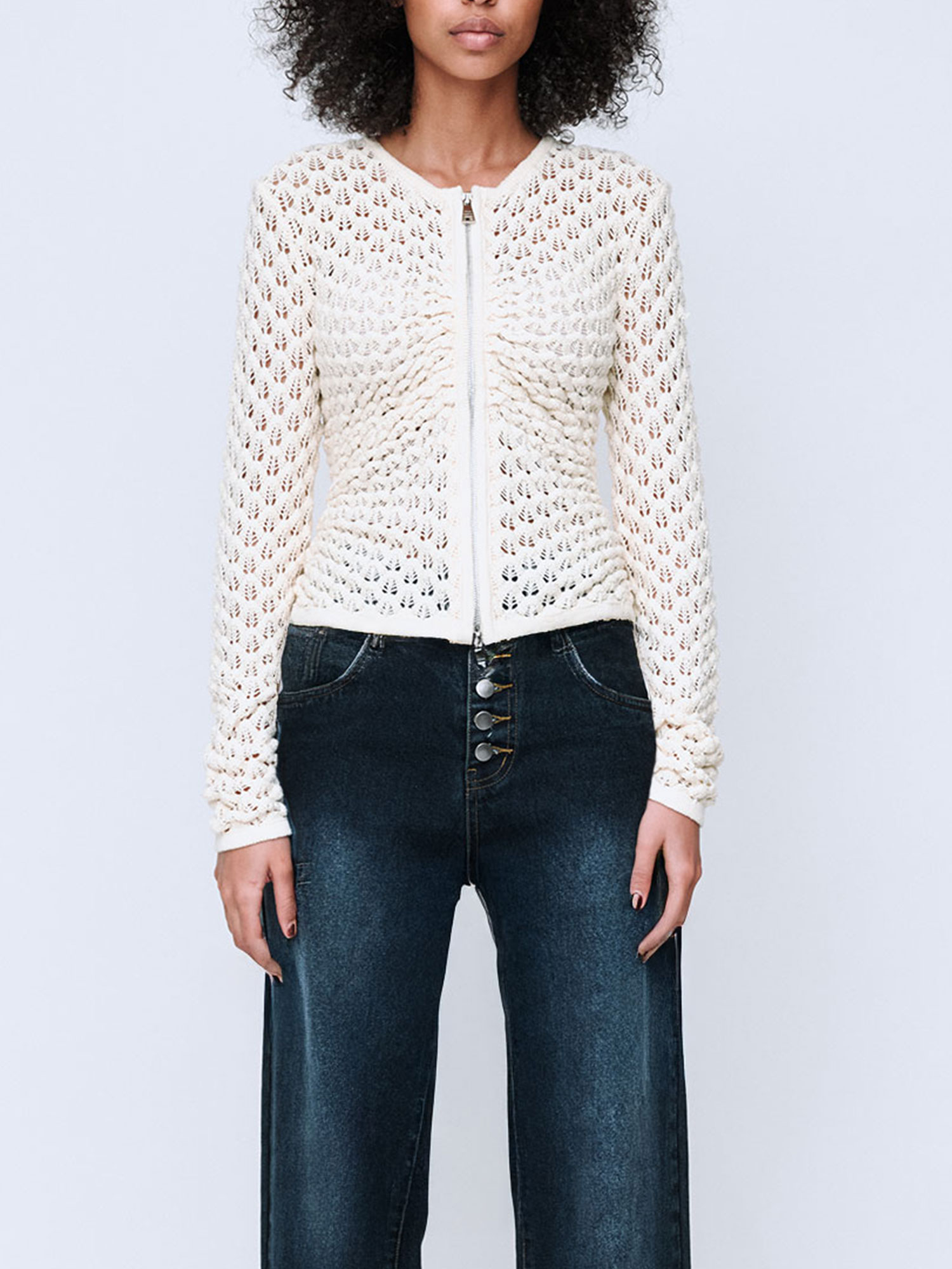 POINTELLE COTTON ZIPPER TOP | BONE