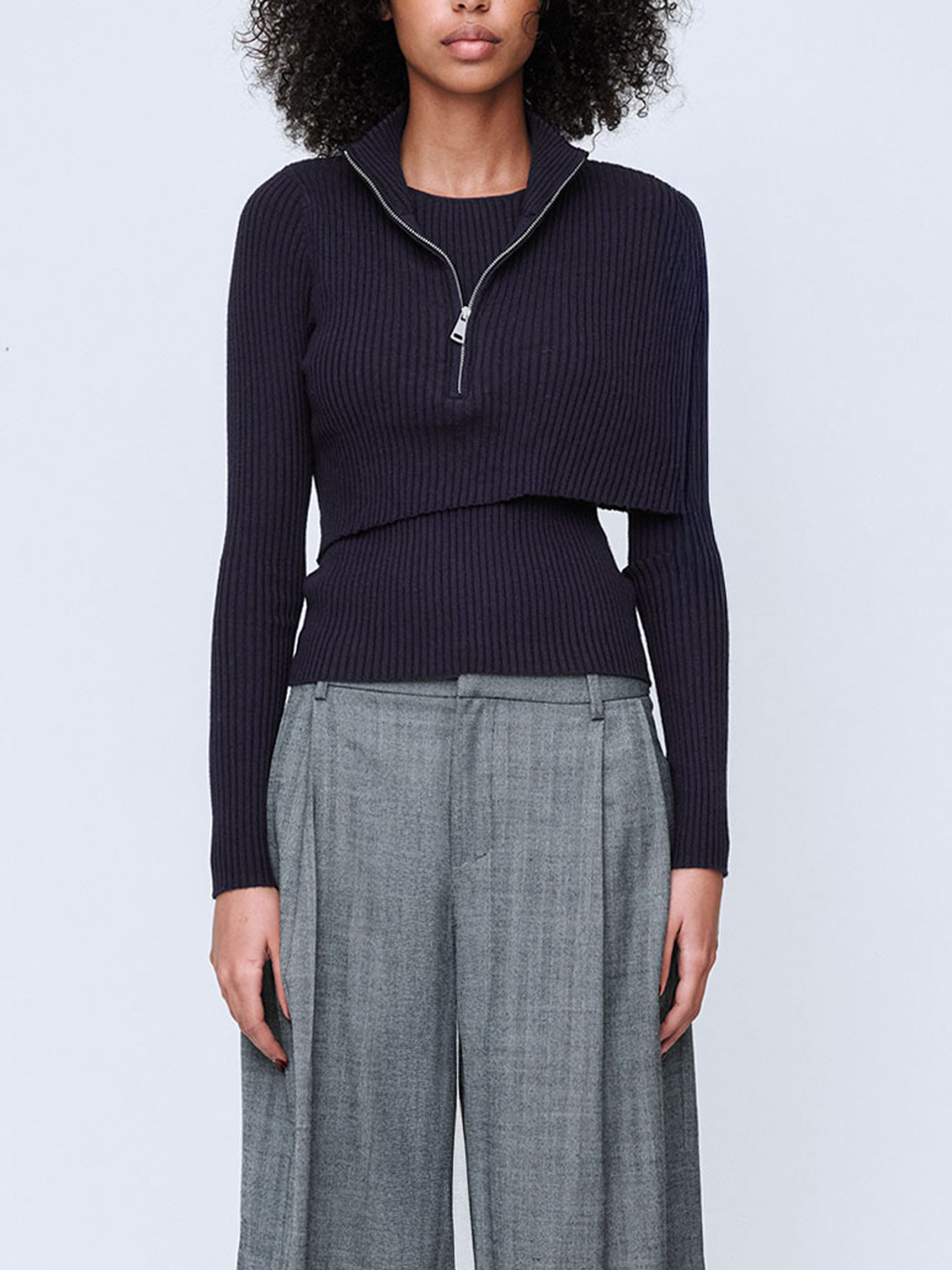 SHRUG RIB ZIP SWEATER | NAVY