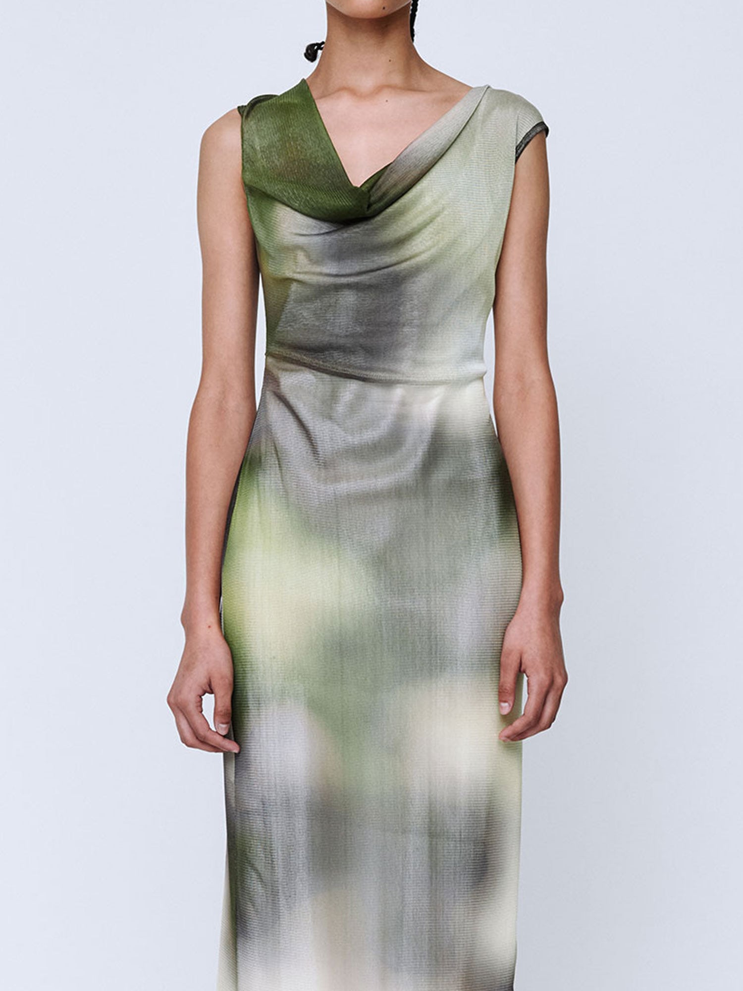 COWL SILK MESH MAXI DRESS | ACID FOREST