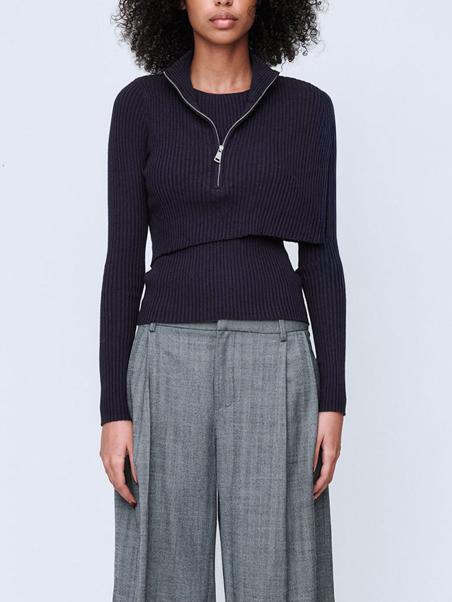SHRUG RIB ZIP SWEATER | NAVY