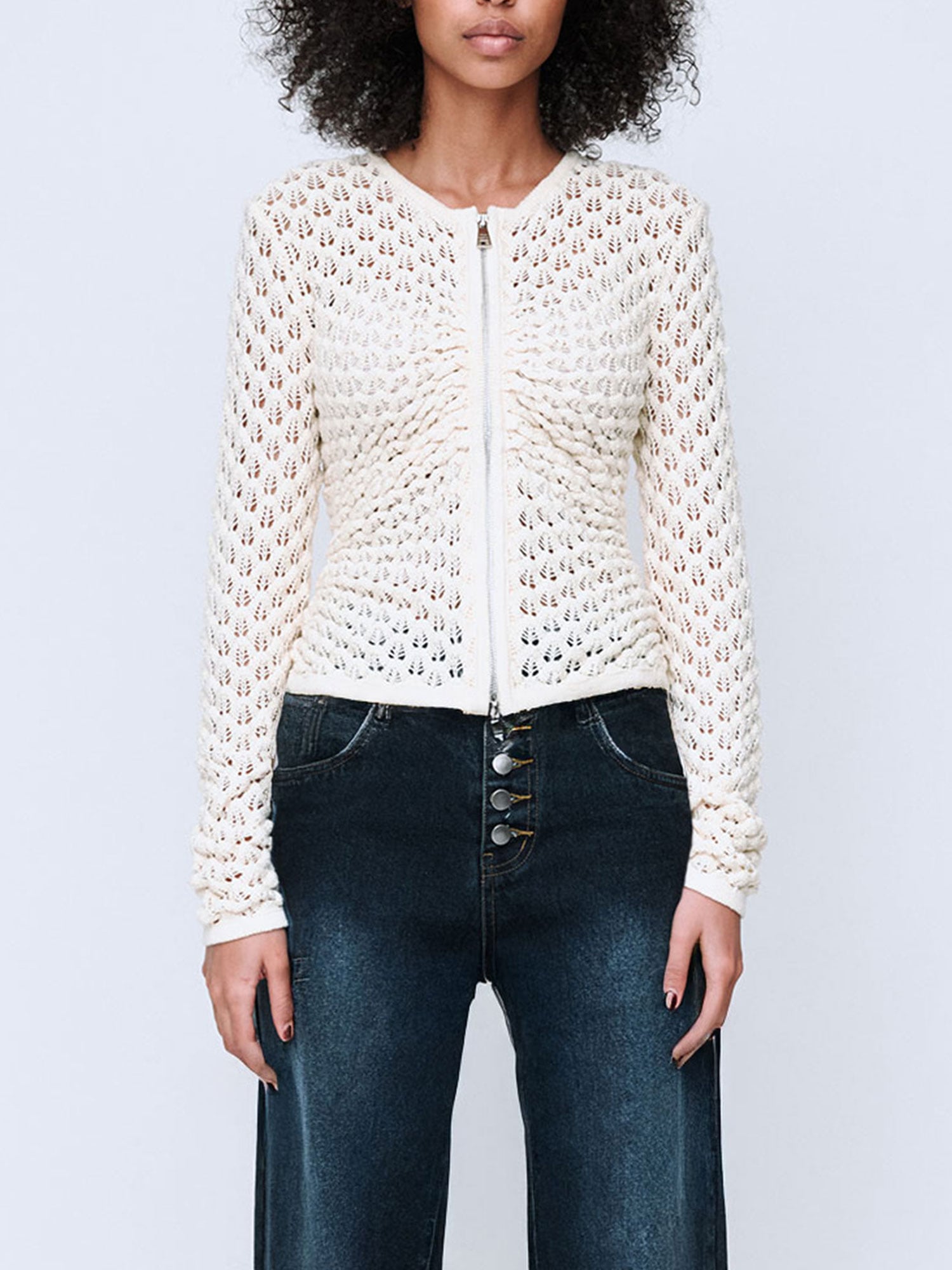 POINTELLE COTTON ZIPPER TOP | BONE