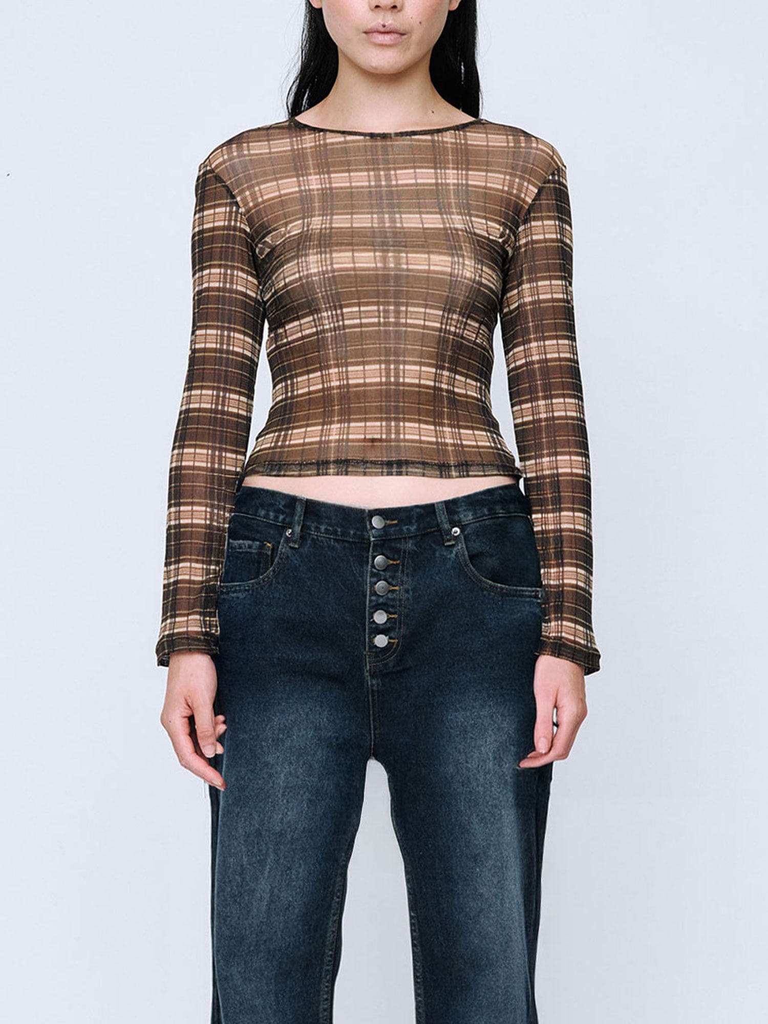 SILK MESH LONG SLEEVE TOP | BROWN CHECK