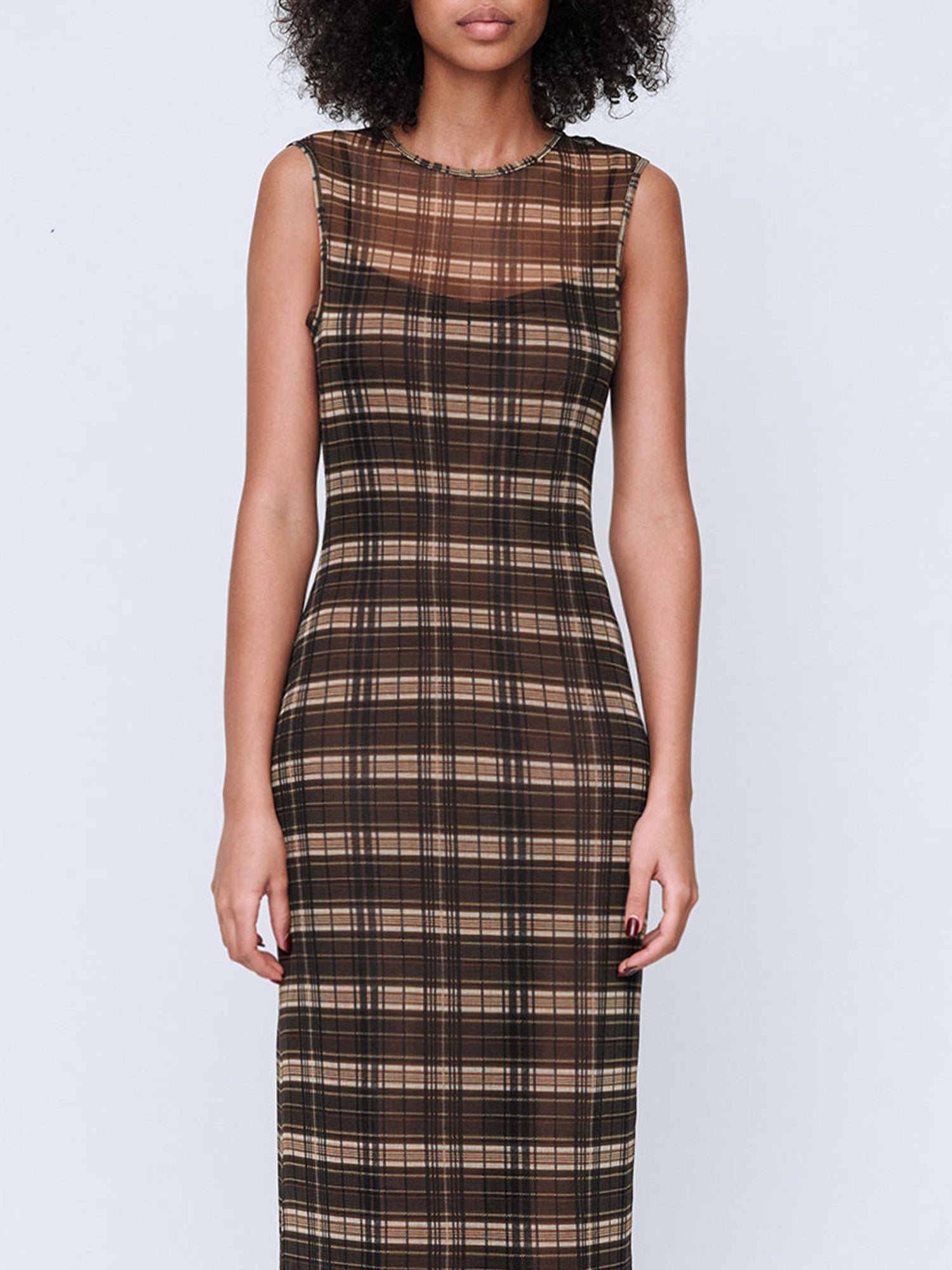 SILK MESH MAXI DRESS | BROWN CHECK