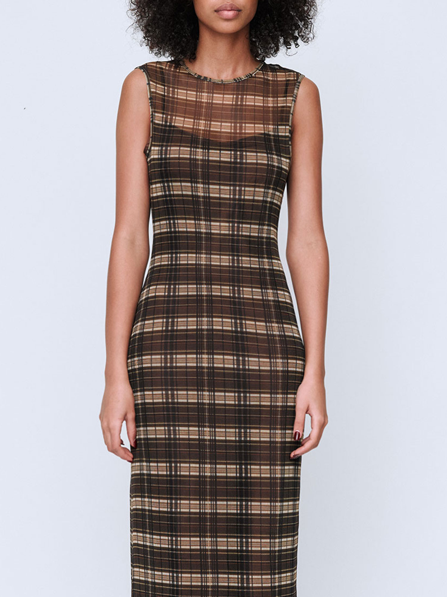 SILK MESH MAXI DRESS | BROWN CHECK