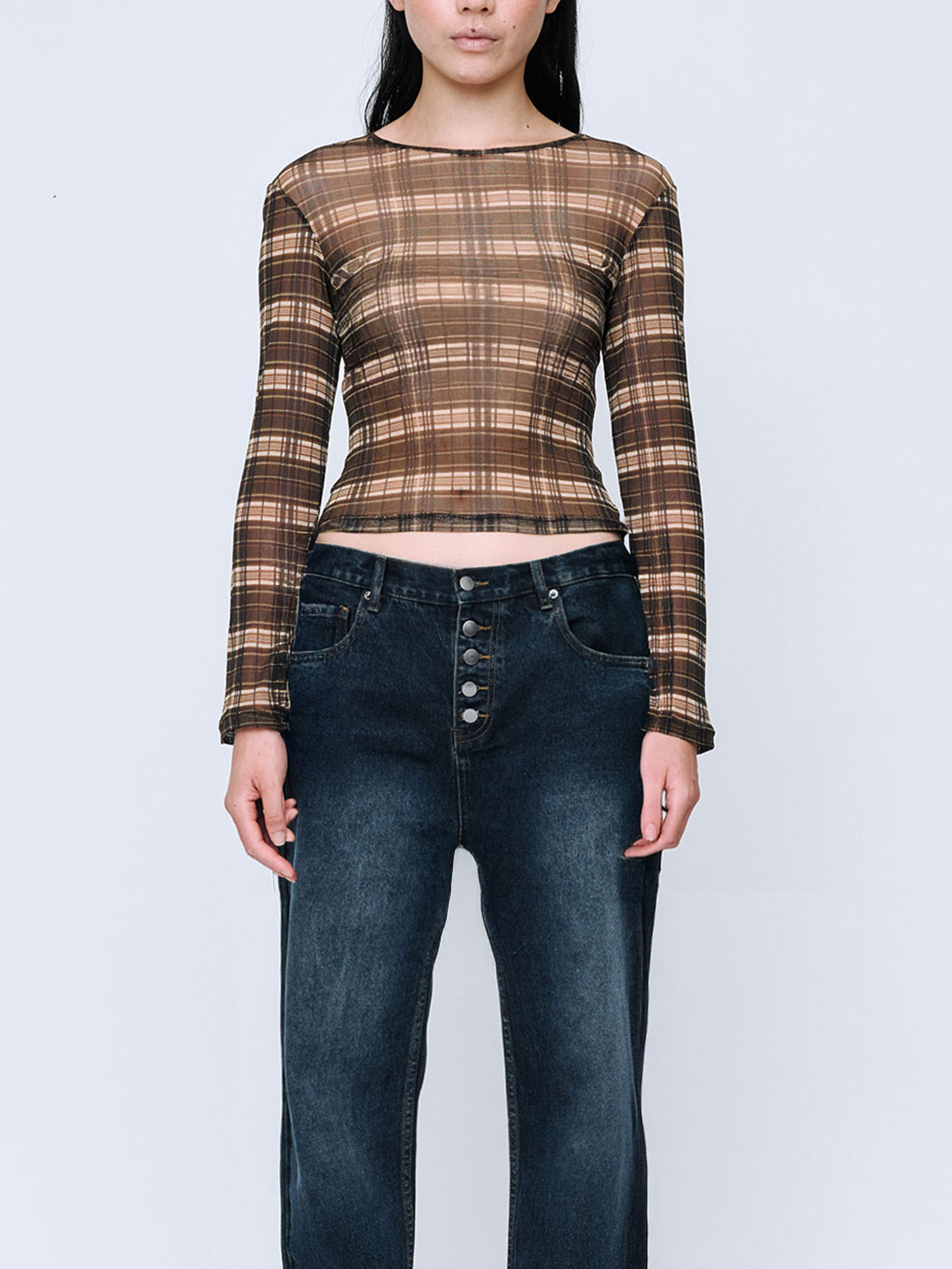 SILK MESH LONG SLEEVE TOP | BROWN CHECK