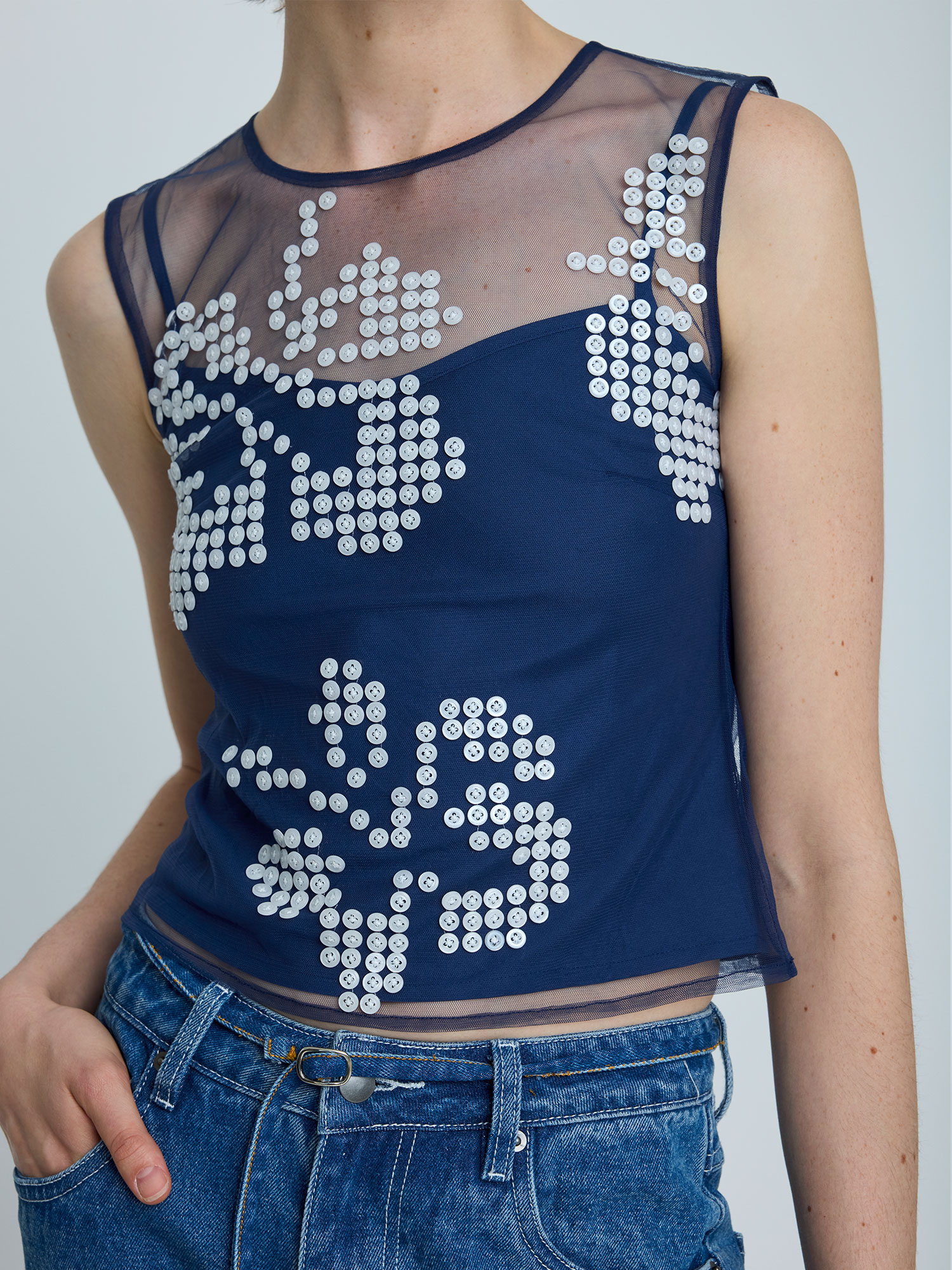 HIBISCUS BUTTON TOP | NAVY