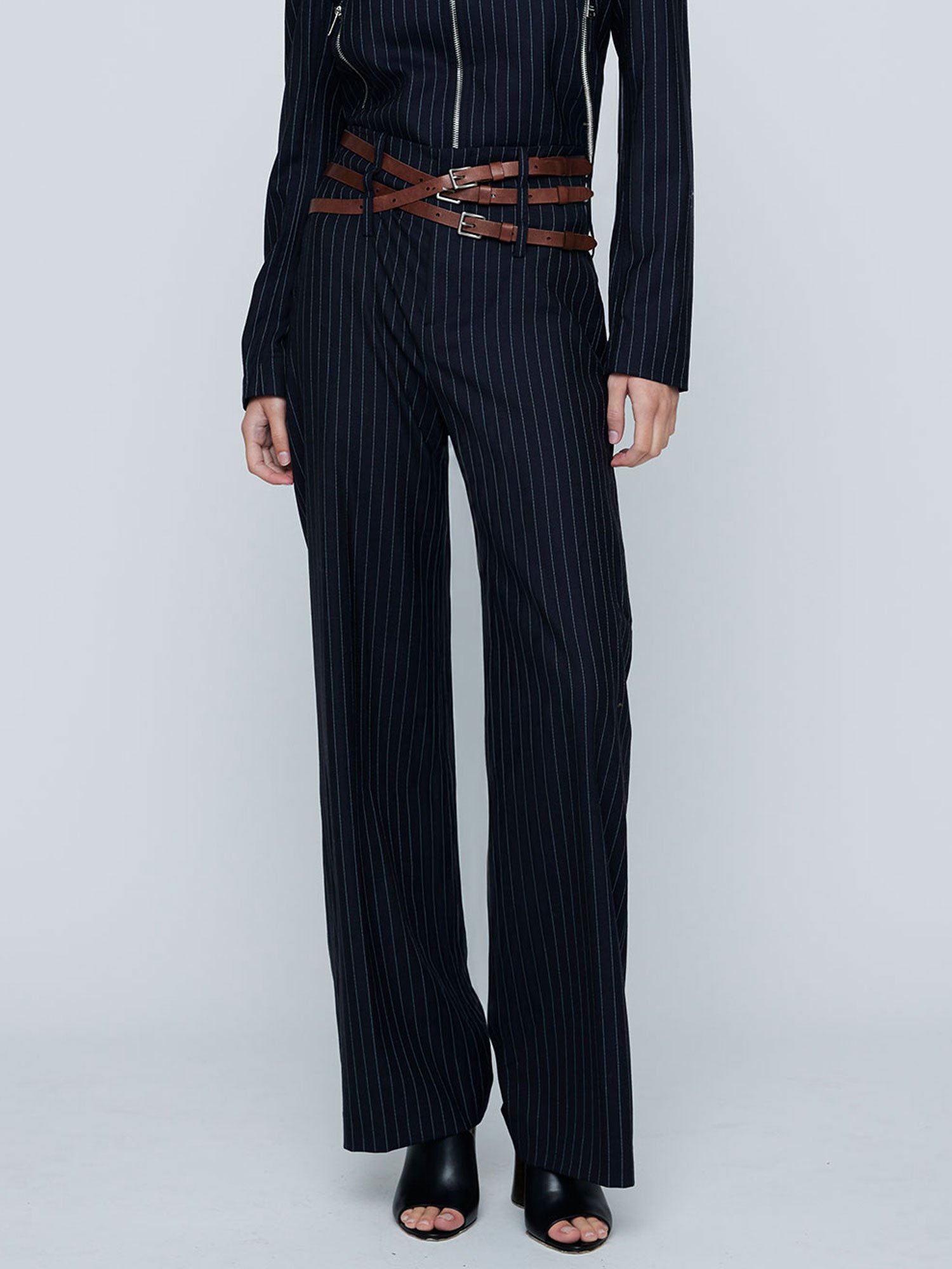 TRIPLE BELT TROUSER | NAVY PINSTRIPE