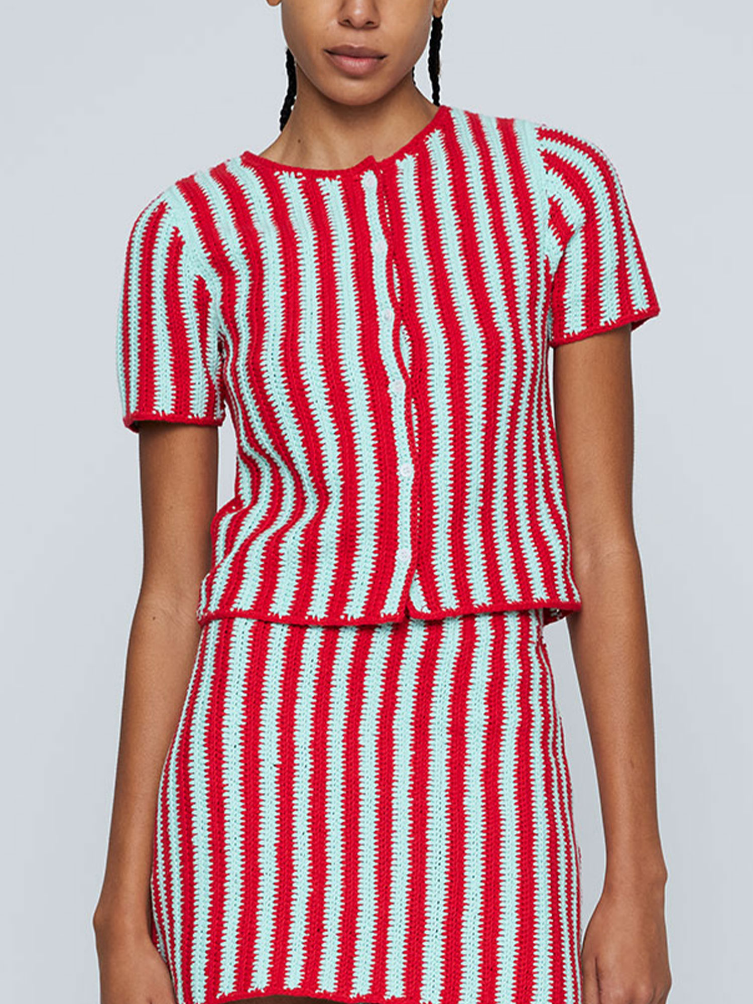 ZIG ZAG CROCHET SHIRT - HONEYDEW/RED