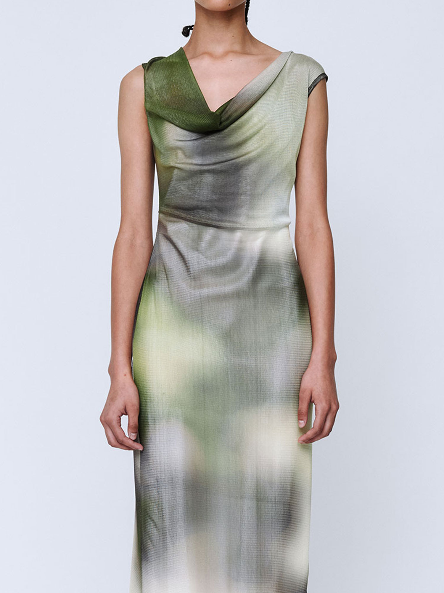 COWL SILK MESH MAXI DRESS | ACID FOREST