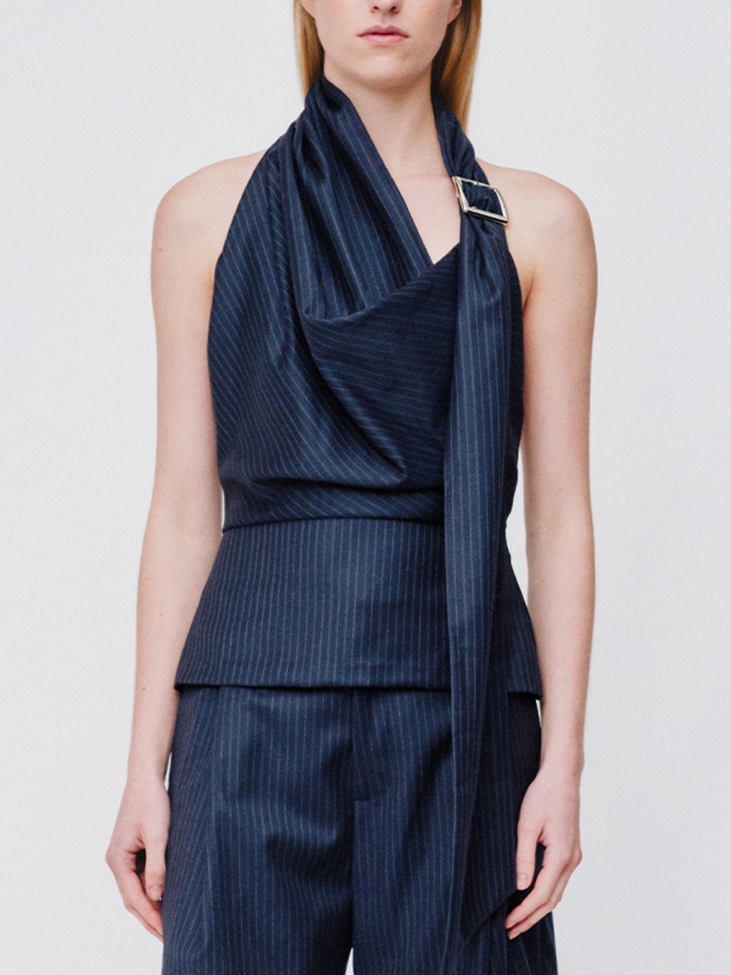 CATHERINE BUCKLE TOP | NAVY PINSTRIPE