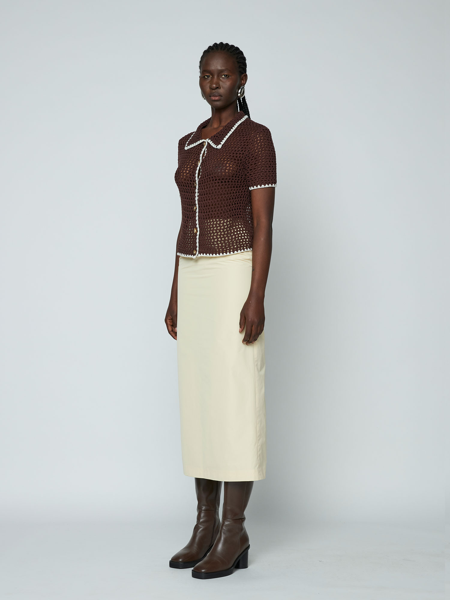 Women Dark Brown Crochet Round Neck Sleeveless Top